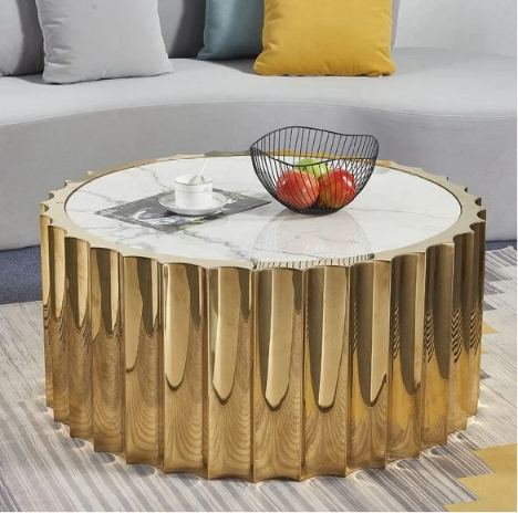 Premium Round Pedestal Center Table Set with Marble Top & Stainless Steel PVD Finish – Luxury Coffee Table for Living Room