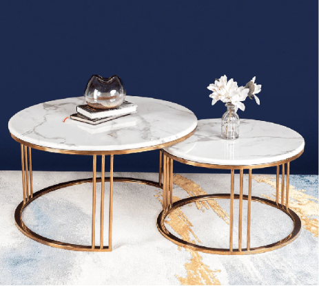 Luxury Round Nesting Center Table Set with Marble Top – Stainless Steel PVD Triple-Bar Base