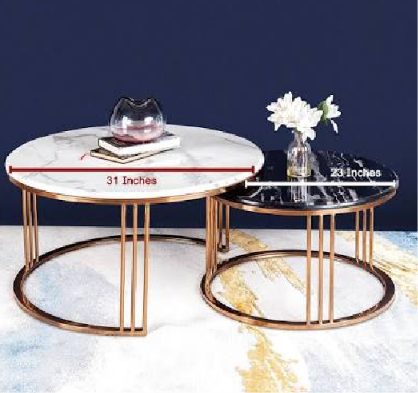 Luxury Round Nesting Center Table Set with Marble Top – Stainless Steel PVD Triple-Bar Base