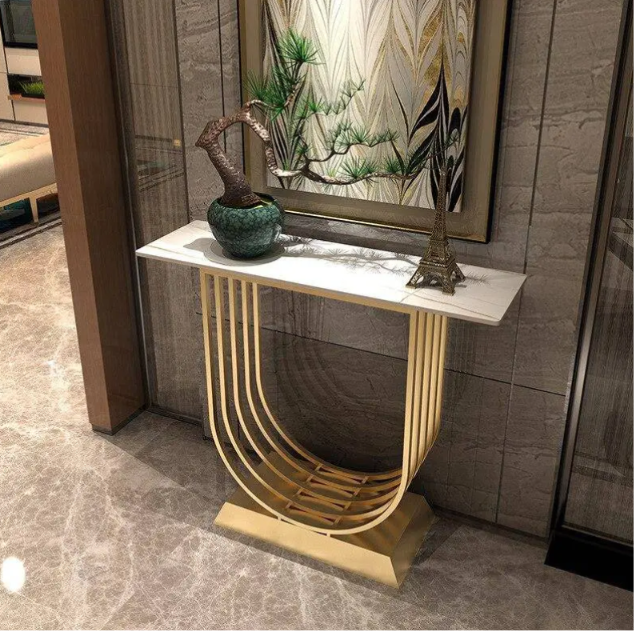 Premium Interlocking Gold Base Console Table with Marble Top – Modern Luxury Entryway & Hallway Table
