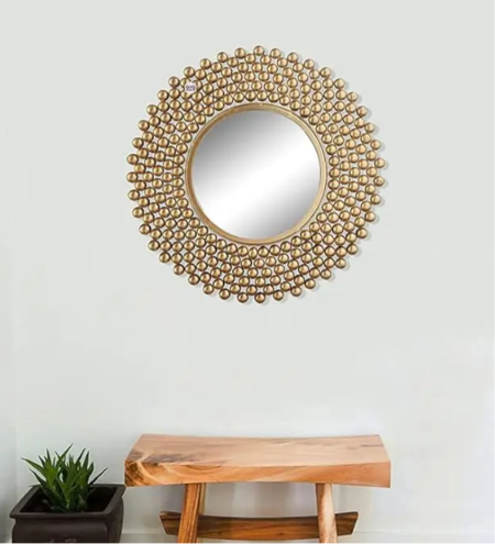 Bali Royale Golden Beaded Round Wall Mirror – Luxury Designer Statement Mirror