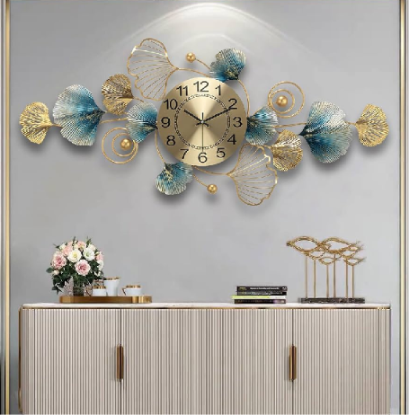 Luxury Ginkgo Leaf Metal Wall Clock – Designer Gold Statement Timepiece for Elegant Interiors