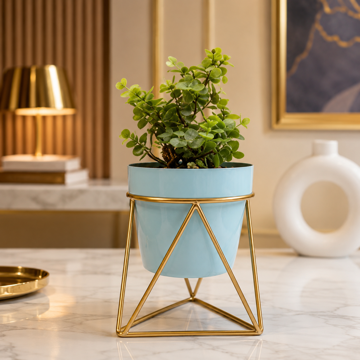 Luxury Geometric Metal Tabletop Planter – Modern Gold Stand with White Pot for Home & Office Décor