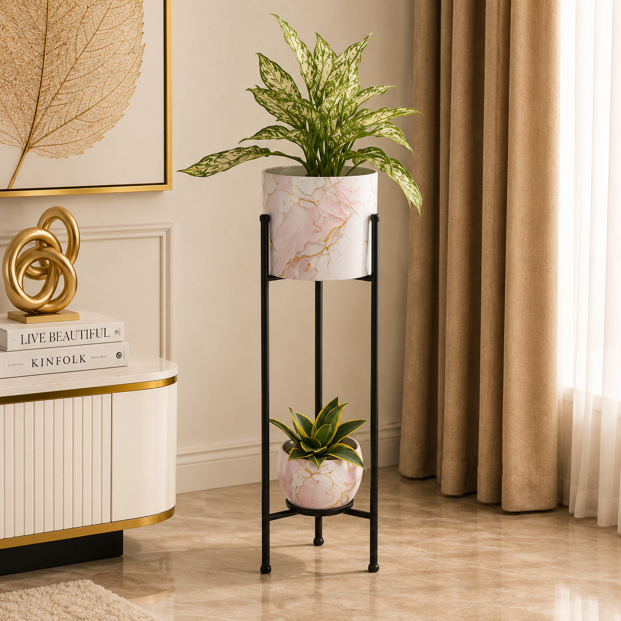 Luxury Marble Finish Dual-Tier Metal Planter Stand – Modern Decorative Plant Holder for Home & Office Décor